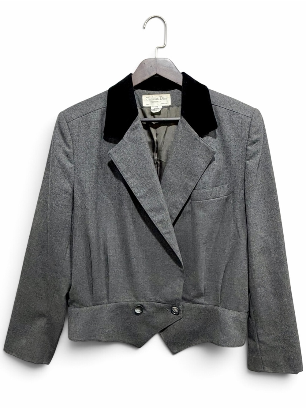 Vintage Christian Dior Separates Wool Velvet Collar Waistcoat Blazer Gray 14